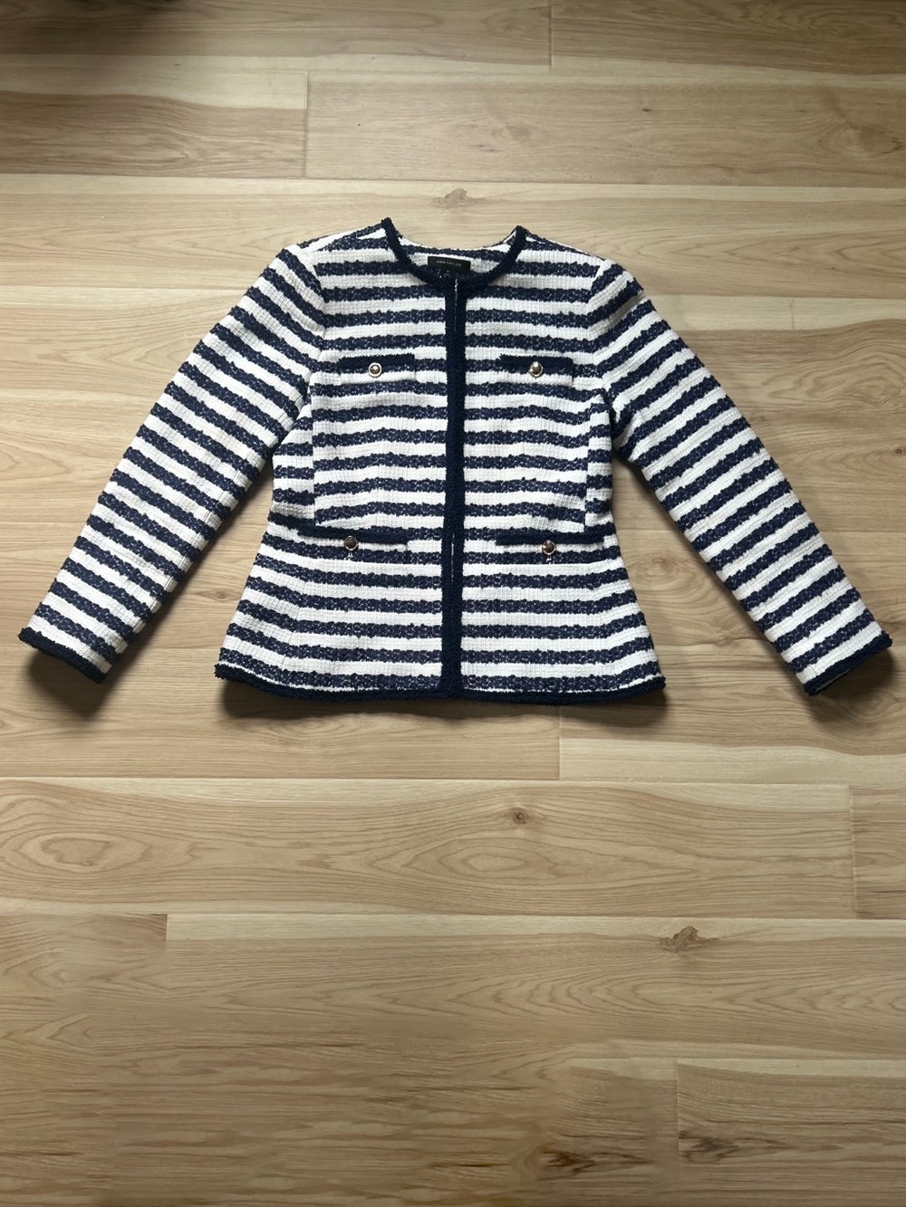 Ann Taylor Navy and White Striped Tweed Jacket